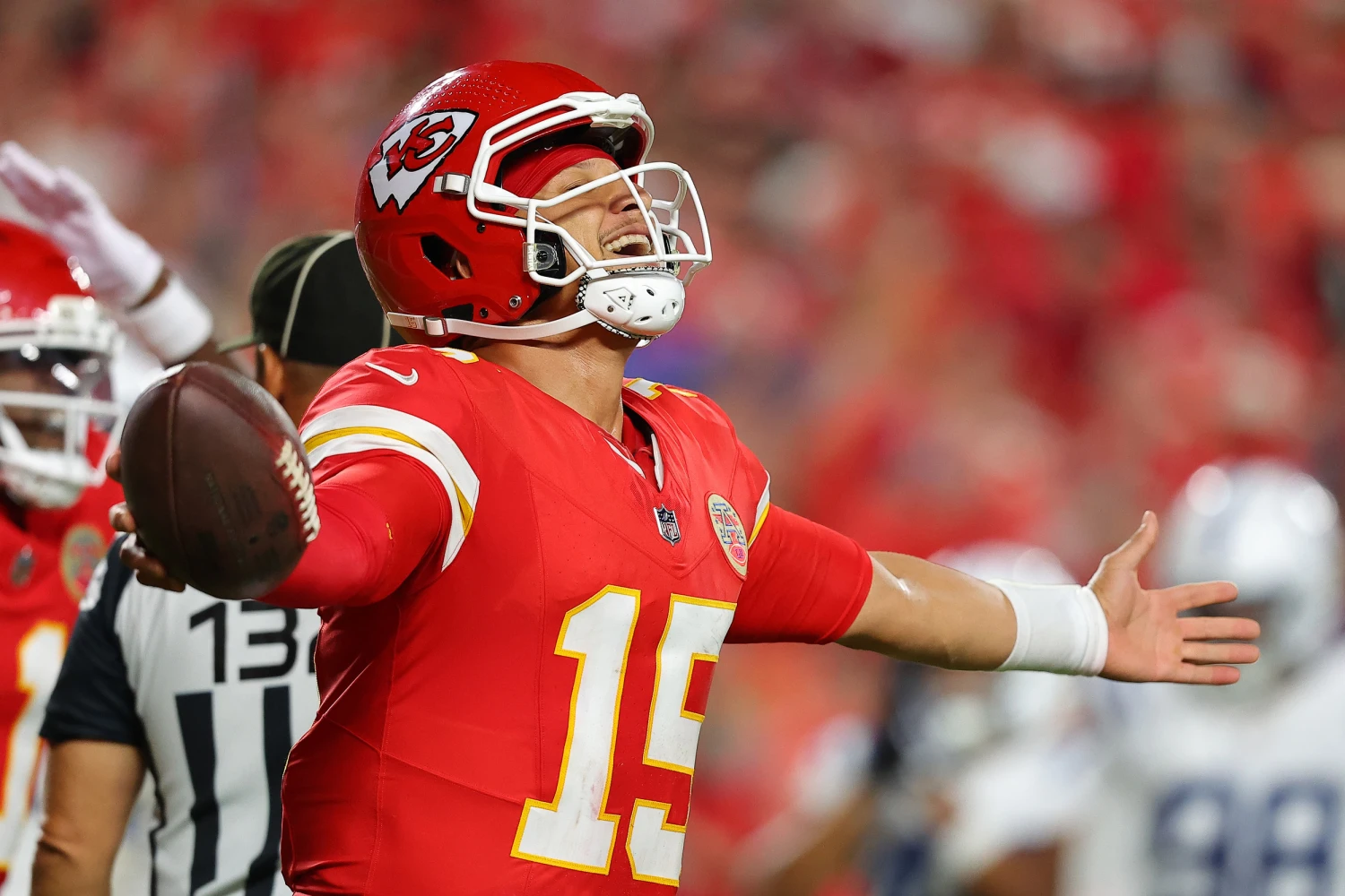 Kansas City Chiefs quarterback Patrick Mahomes reacts against the Indianapolis Colts at Arrowhead Stadium.