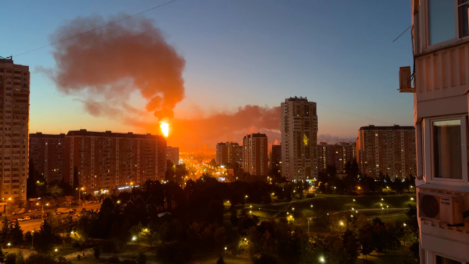 Flame and smoke is seen rising from Moscow's oil refinery in the south east of the city following a largescale Ukrainian drone attack on Sept. 20.