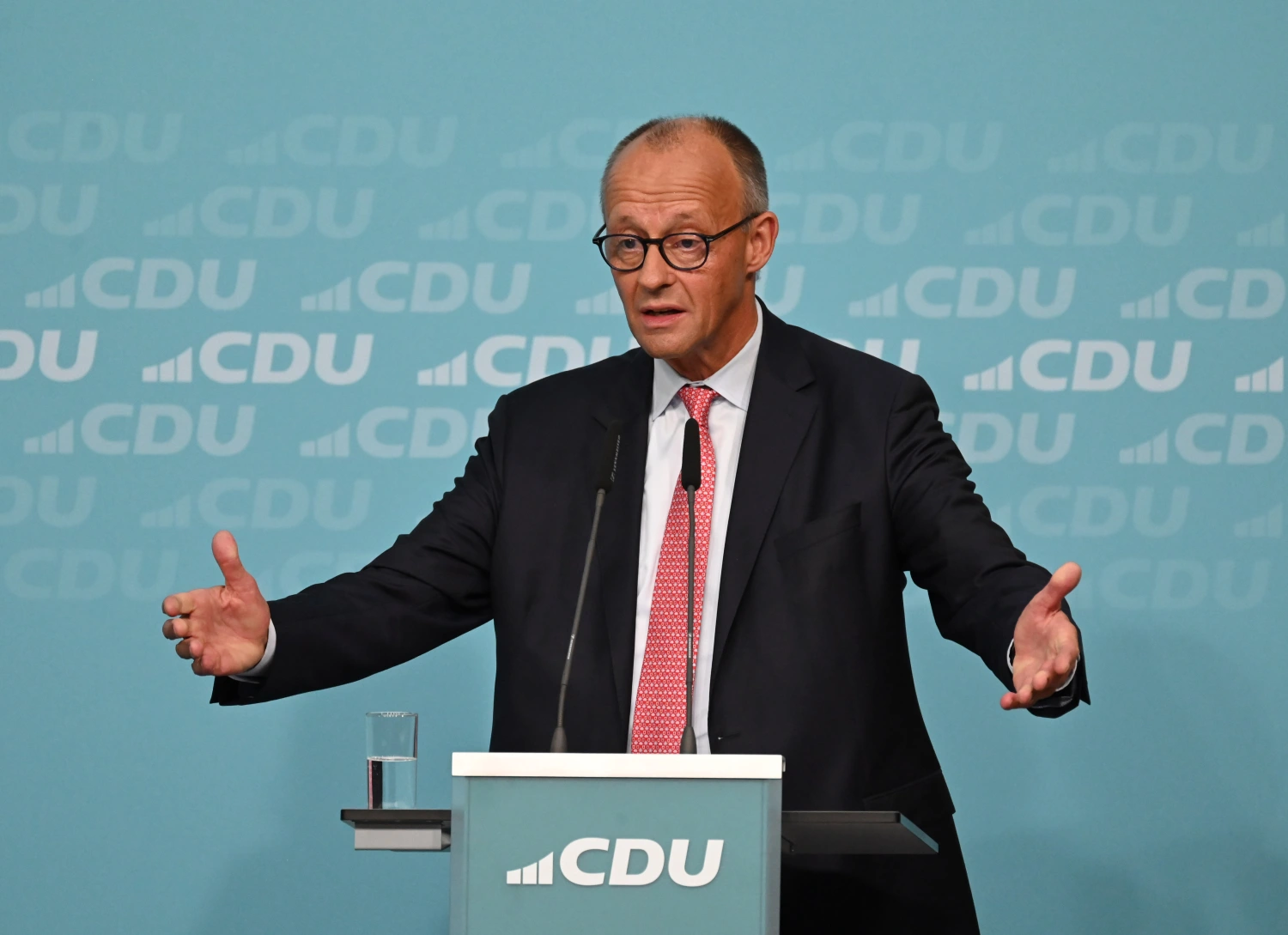 Federal Chancellor Friedrich Merz speaks during the final phase of the CDU's Berlin election campaign under the motto: 'Keeping Extremists Out of Power. Solutions from the Centre', at the CDU Federal Headquarters in Berlin, Germany, on Sept. 17.