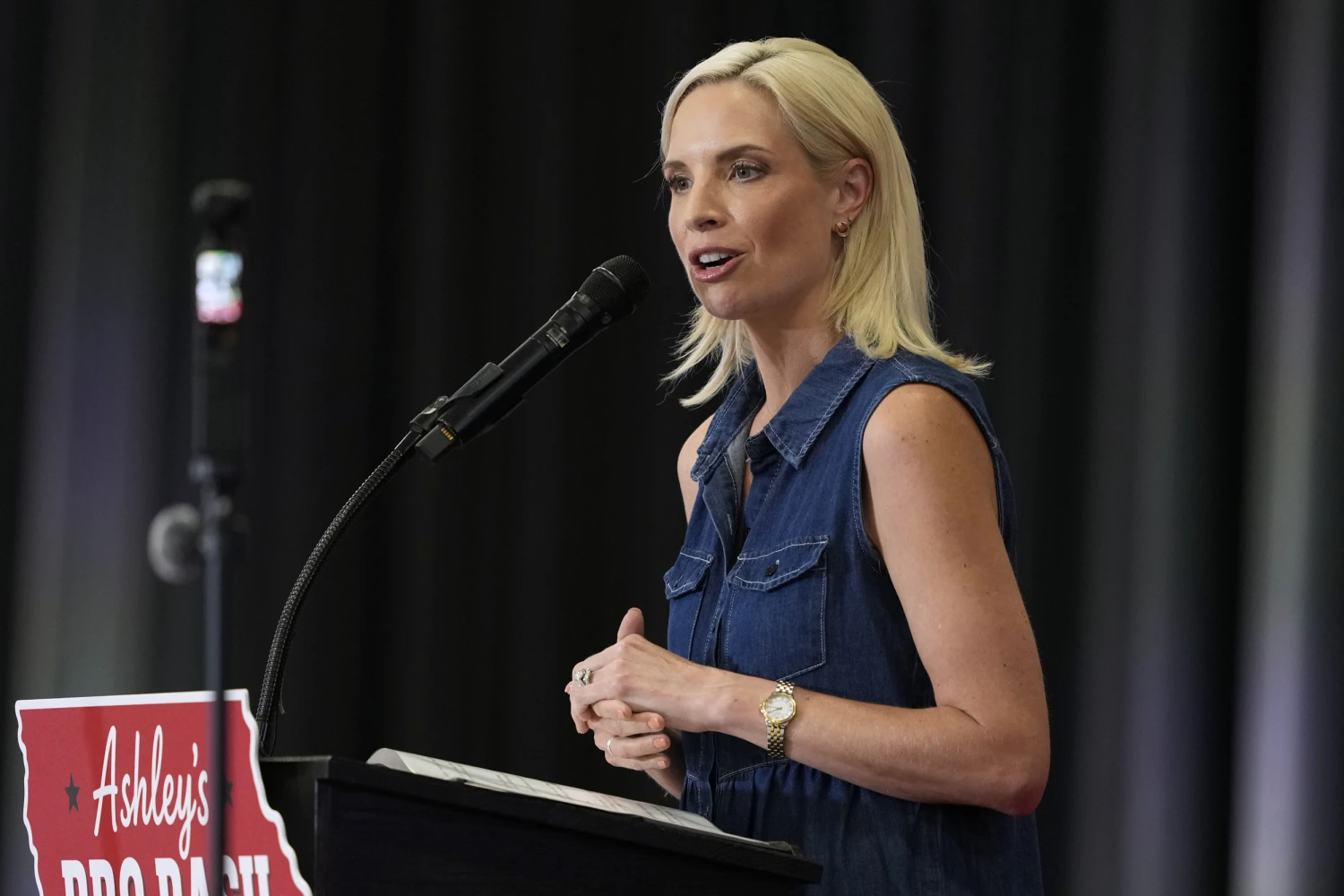Iowa Republican Senate candidate, Rep. Ashley Hinson, R-Iowa, speaks during a BBQ fundraiser at the Horizon Events Center on Aug. 29, 2026 in Clive, Iowa.