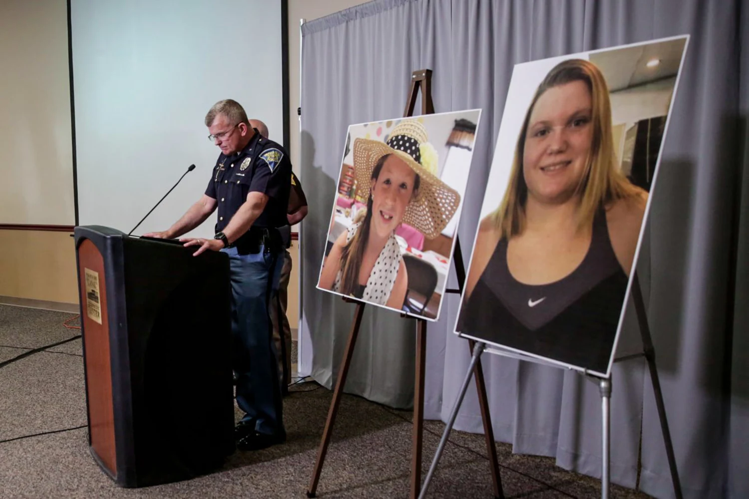 Then-Superintendent Doug Carter of the Indiana State Police during a press conference on an update on the Delphi murders investigation, on April 22, 2019 at the Canal Center in Delphi, Ind. Abby Williams and Libby German, both 13, were murdered while hiking a popular community trail near Delphi on Feb. 13, 2017.