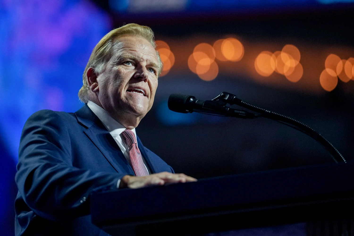 Former Representative Mike Rogers, a Republican from Michigan and US Senate candidate, speaks during the second day of the Republican Midterm Convention at the American Airlines Center in Dallas, Texas, US, on Thursday, Sept. 10, 2026.