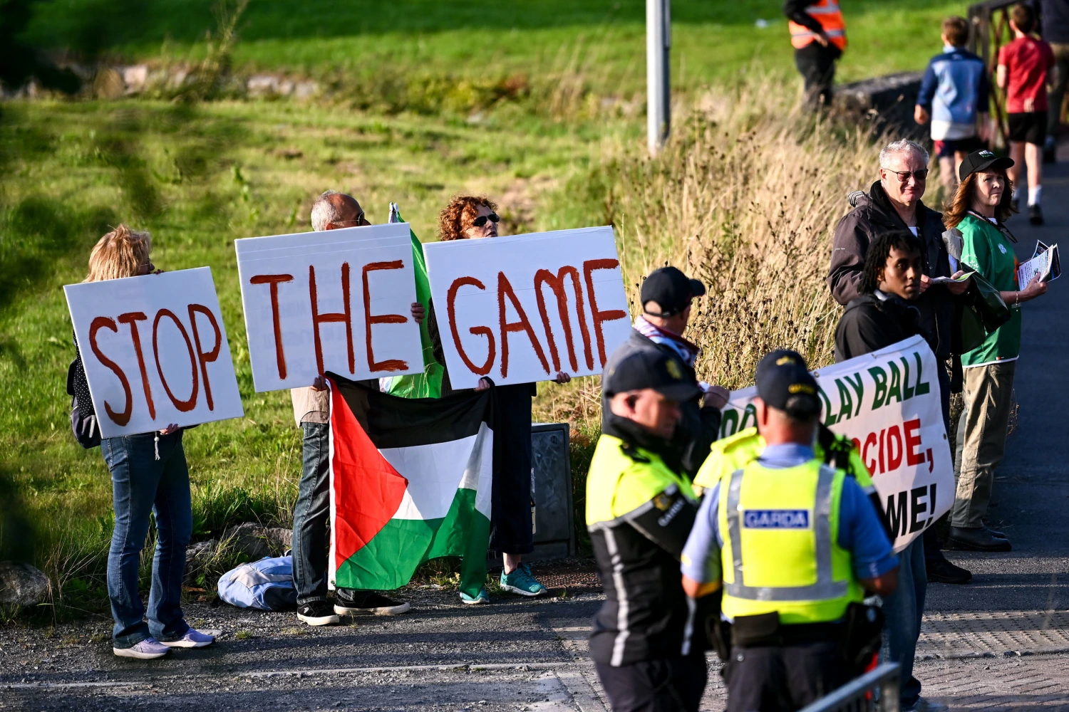 Protesters call for Ireland's upcoming matches against Israel to be stopped before a Galway United match in Galway, Ireland, on Aug. 28, 2026.