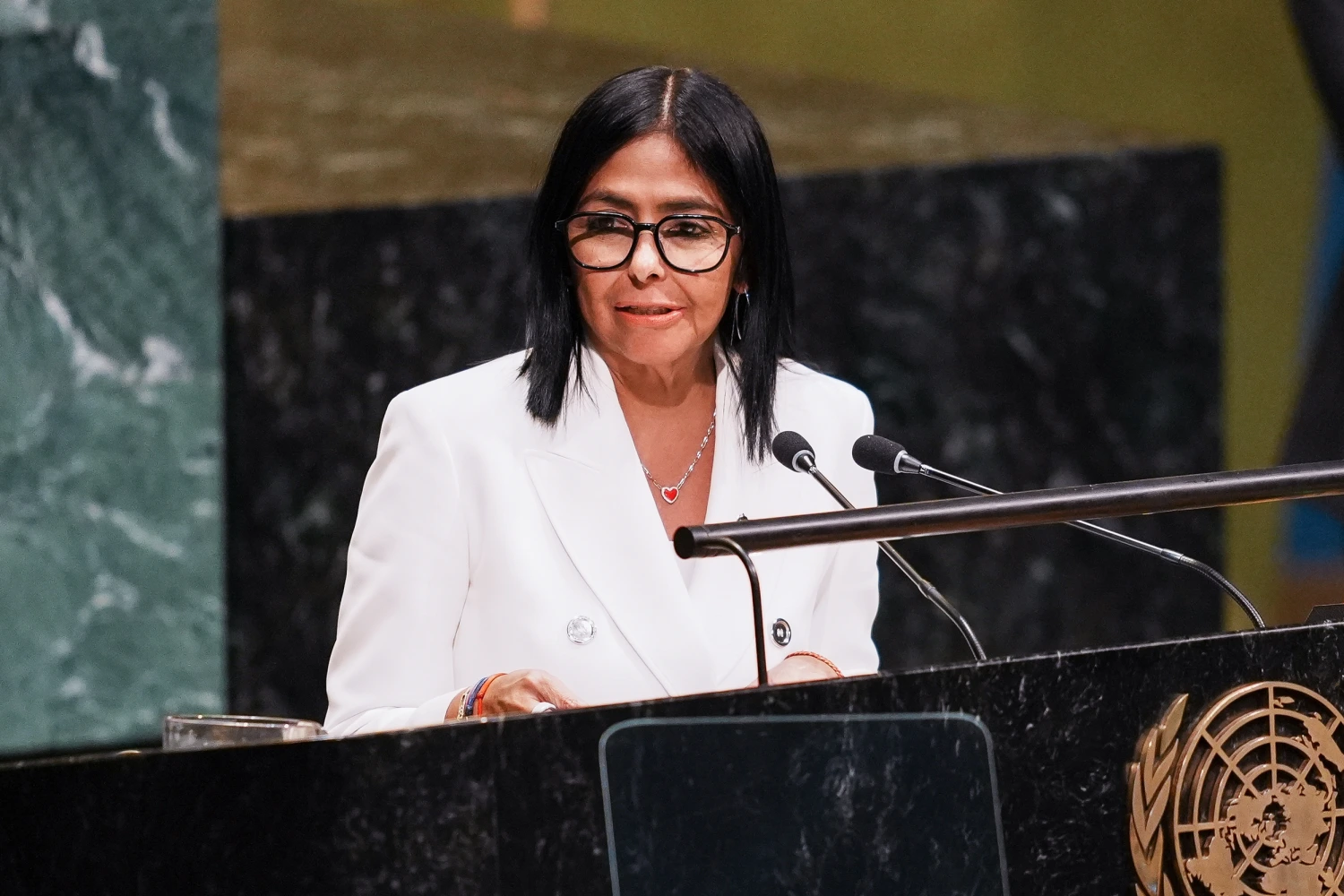 Acting President of Venezuela Delcy Rodríguez speaks during the 81st session of the United Nations (U.N.) General Assembly at U.N. Headquarters on September 23, 2026 in New York.