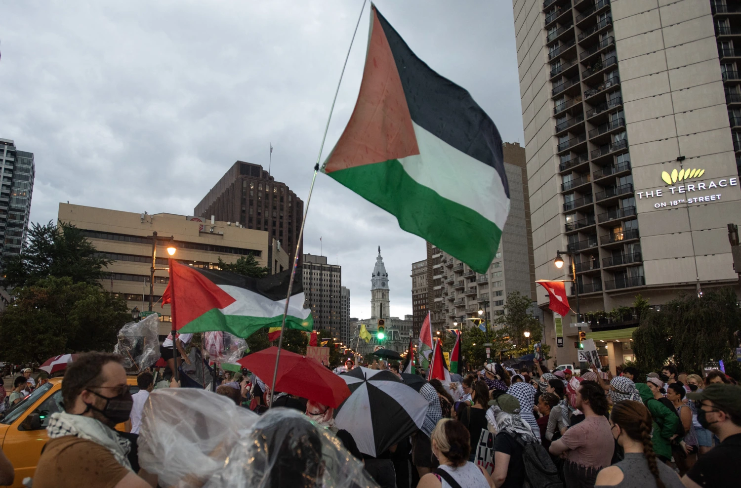 Demonstrators fly the Palestinian flag during a protest in Philadelphia against Israeli strikes in Lebanon and Gaza in 2024.