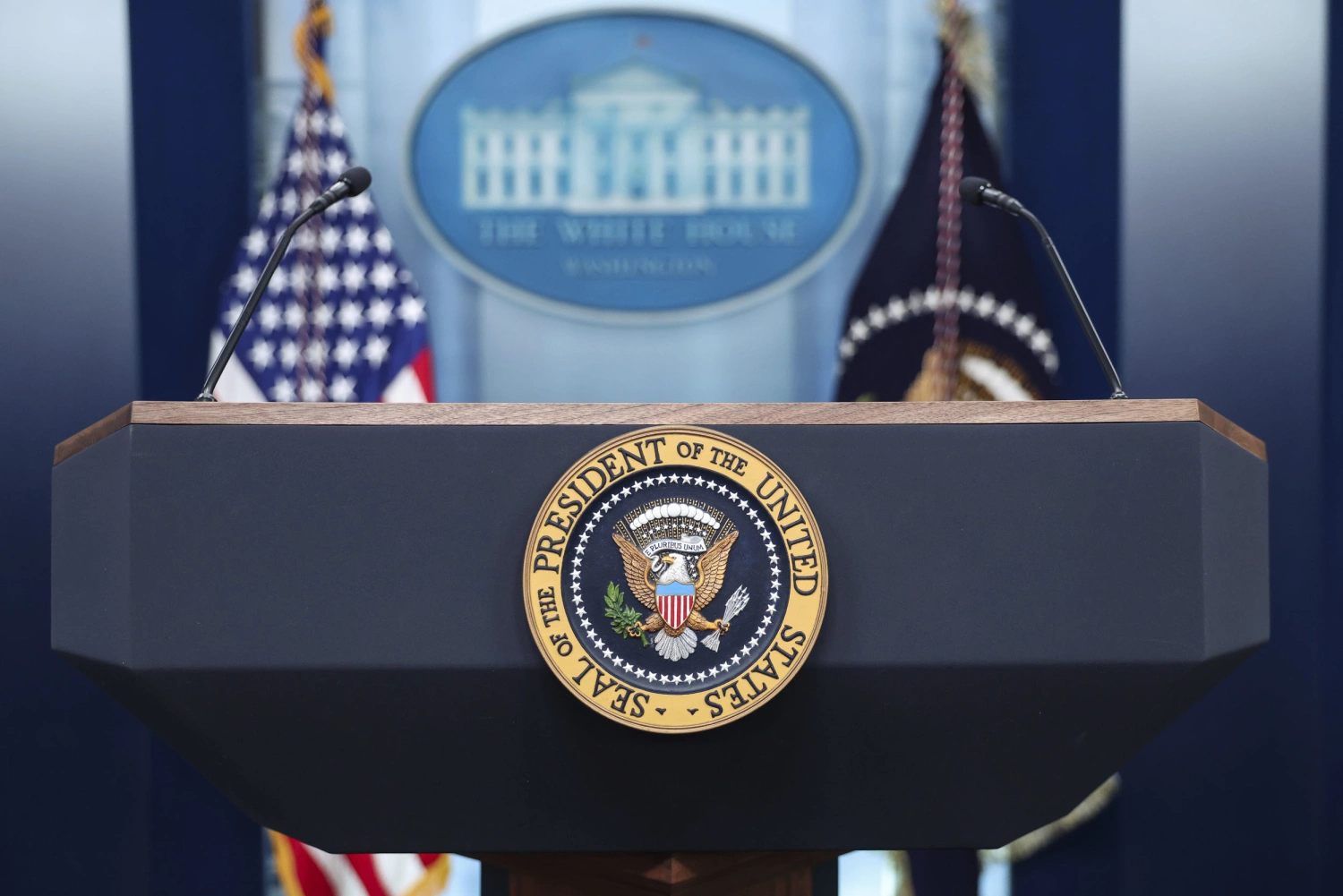 The podium in the White House press briefing room.