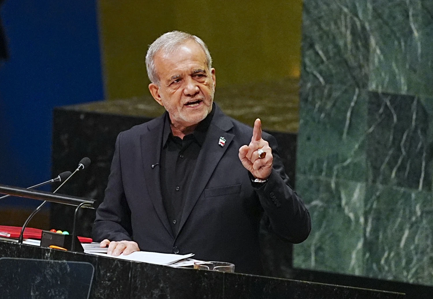 Iranian President Masoud Pezeshkian addresses the United Nations General Assembly on Sept 23, 2026.
