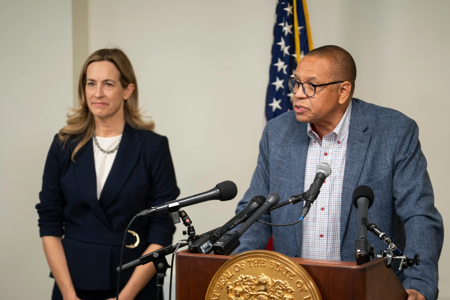 Lt. Governor-elect Dale Caldwell speaks during a press conference discussing the transition of Governor-elect Mikie Sherrill, left, to governor in Trenton on Wednesday, Nov. 5, 2025.
