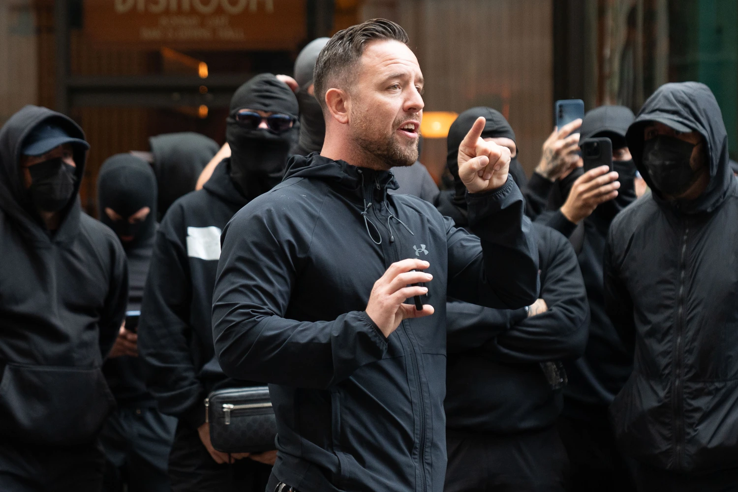 Danny Tommo, (Daniel Thomas) addresses the group of men outside the Daily Mail Offices at Associated Newspapers on September 9, 2026 in London, England.