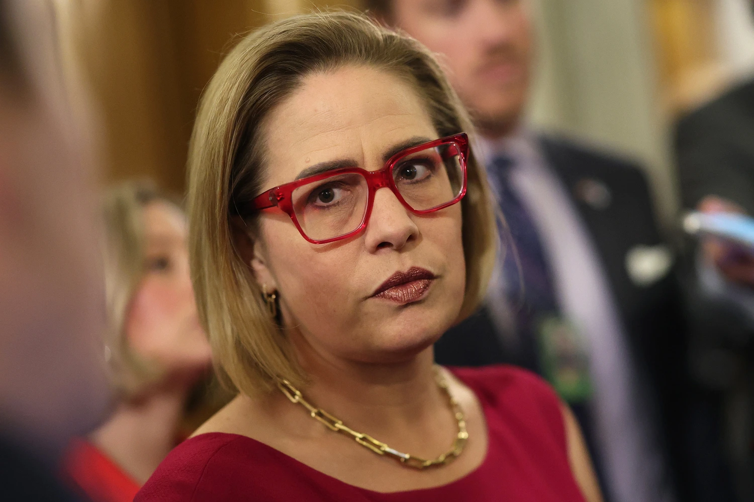 Sen. Kyrsten Sinema (I-AZ) speaks to reporters at the U.S. Capitol on February 05, 2024 in Washington, DC.