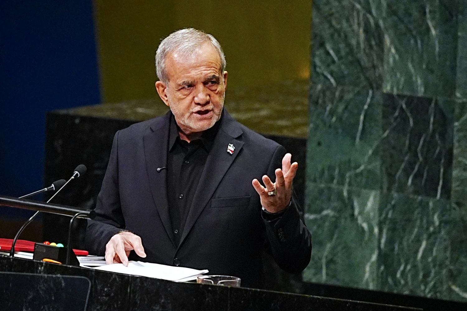 Masoud Pezeshkian, President of Iran, addresses the United Nations General Assembly in New York on Sept. 23, 2026.