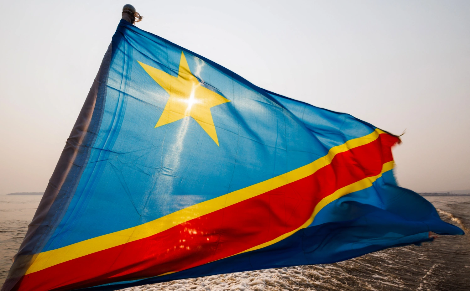 Illustration showing flag of Democratic Republic of the Congo taken on a boat from Brazzaville to Kinshasa on the first day the Belgian diplomatic mission to Africa, in Kinshasa, Democratic Republic of the Congo, on Monday 18 August 2025.