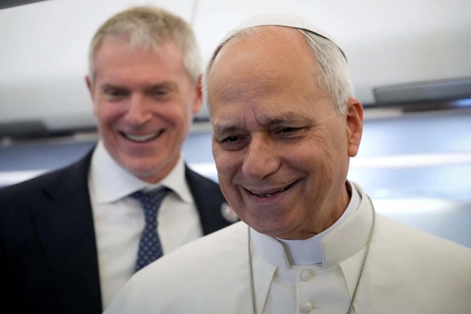 Pope Leo XIV speaks to reporters on the flight from Rome to Paris on Sept. 25, 2026.