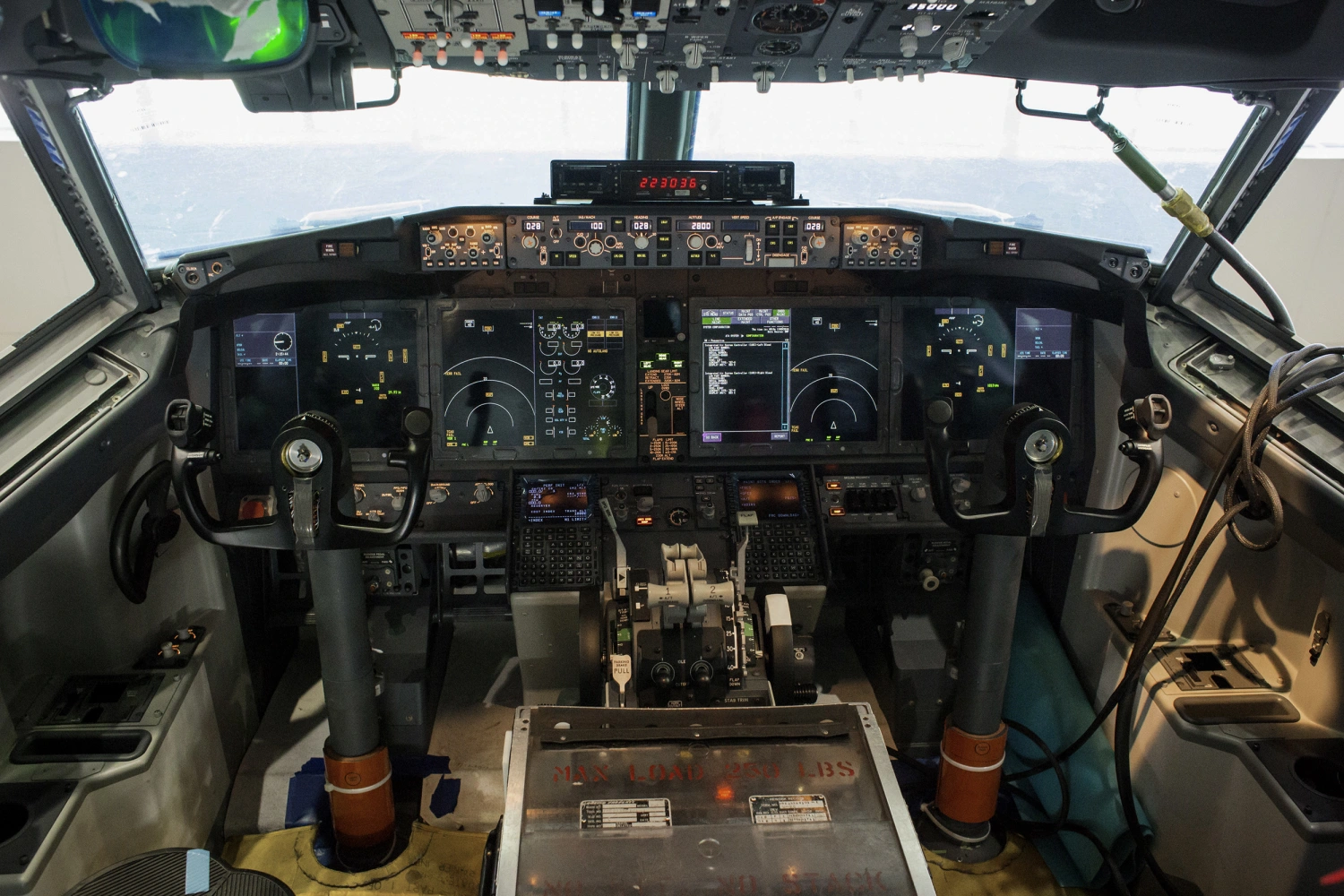 The cockpit of a Boeing Co. 737 MAX 9 jetliner is seen during production at the company's manufacturing facility in Renton, Washington, U.S., on Monday, Feb. 13, 2017.