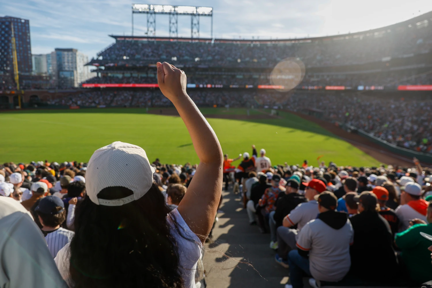 Fans cheer in the outfield stands during the game between the New York Yankees and the San Francisco Giants at Oracle Park on Wednesday, March 25, 2026 in San Francisco, California.