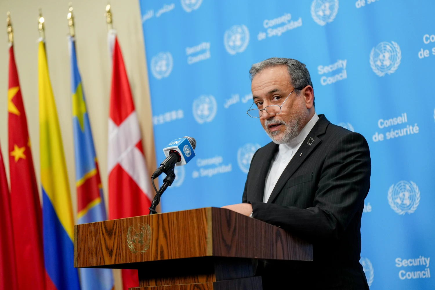 Abbas Araghchi, Iran's foreign minister, speaks to members of the media during the United Nations General Assembly (UNGA) in New on Sept. 25.