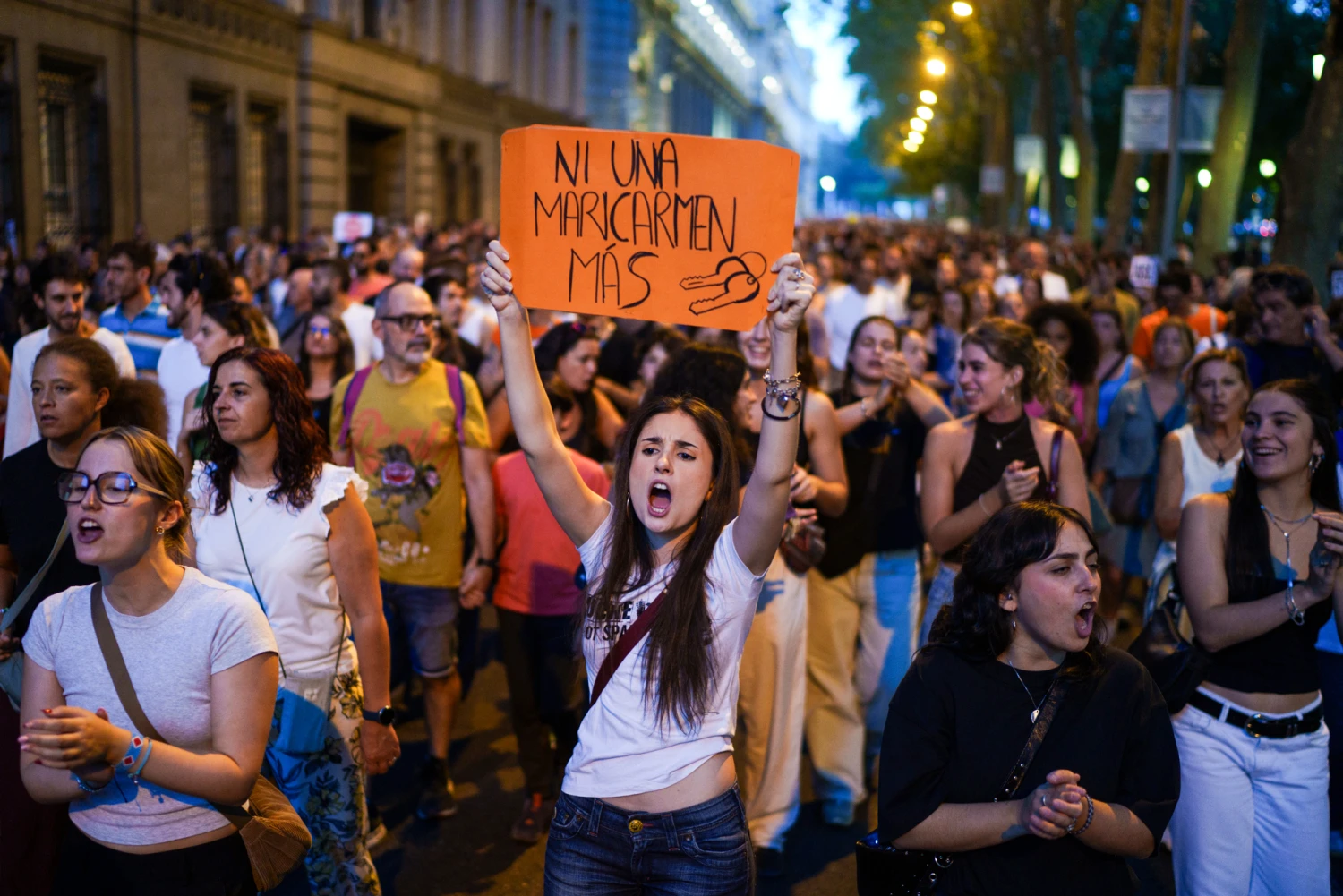 Thousands of people at a demonstration to protest against the eviction of Maricarmen Abascal, in Madrid, Spain, on Sept. 26, 2026. The Madrid Tenants’ Union has organized the demonstration under the slogan "Not one more Maricarmen."
