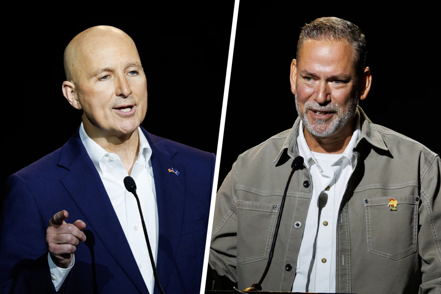 Sen. Pete Ricketts, left, R-Neb., participates in a debate with Dan Osborn, nonpartisan candidate for U.S. Senate, at the Nebraska State Fair in Grand Island on Sept. 1, 2026.