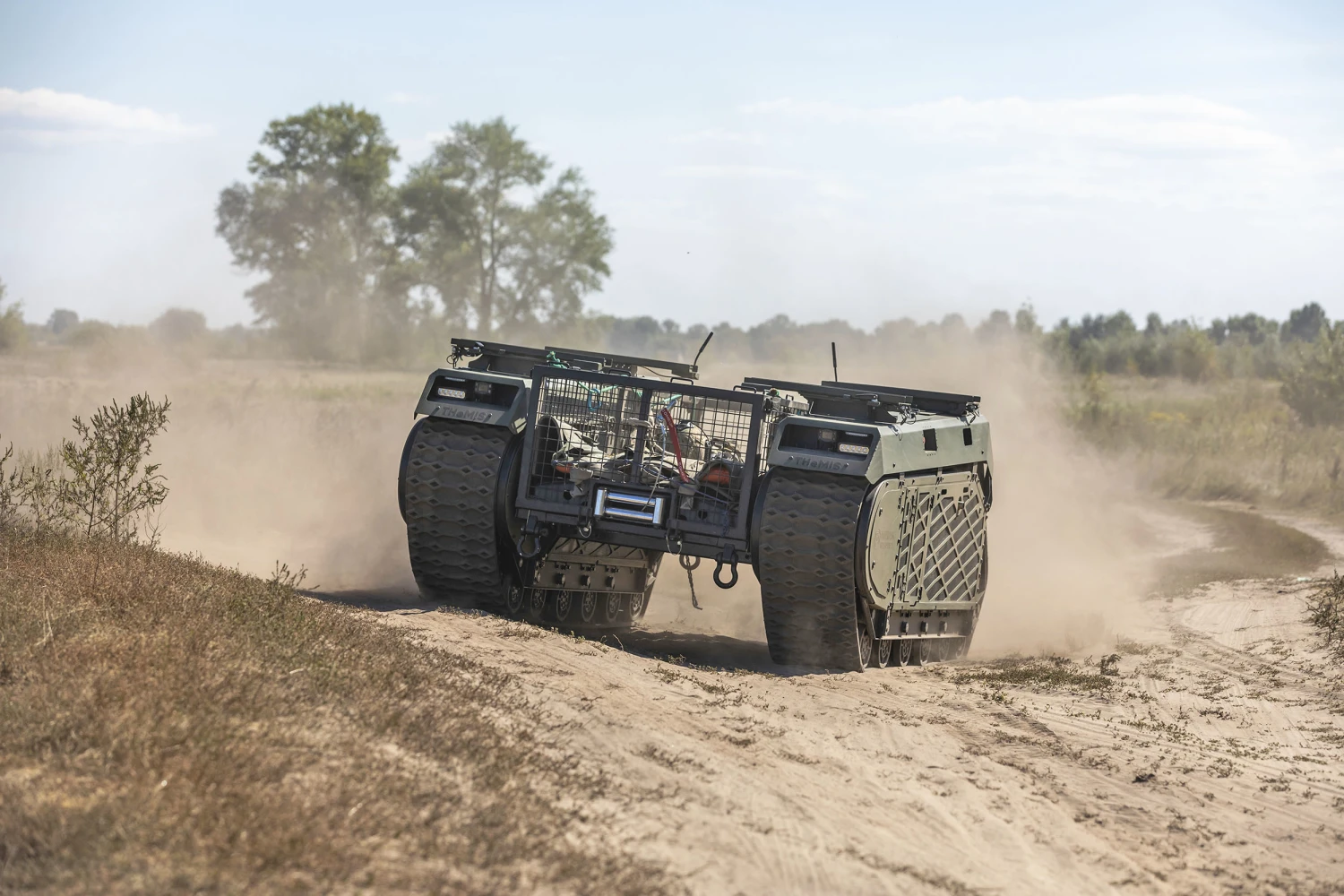 A THeMIS multi-purpose tracked drone during field tests.
