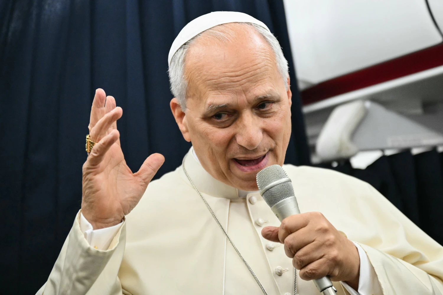 Pope Leo XIV speaks to journalists aboard the flight from Metz, France, to Rome, at the end of his four-day visit to France, Monday, Sept. 28, 2026.