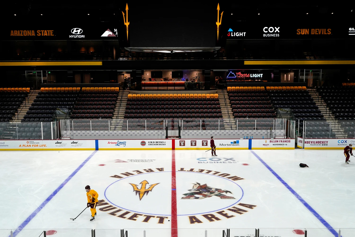 Members of the Arizona State University hockey team skate on the ice at the new Mullett Arena, Oct. 24, 2022, in Tempe, Ariz.