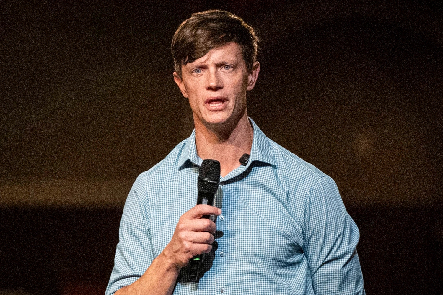 Rob Sand in Iowa City during a town hall event on Sept. 14, 2026.
