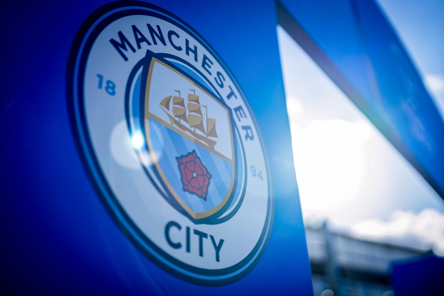 The Manchester City logo at Sportparkstadion on Sept. 22, 2026, in Unterhaching, Germany.