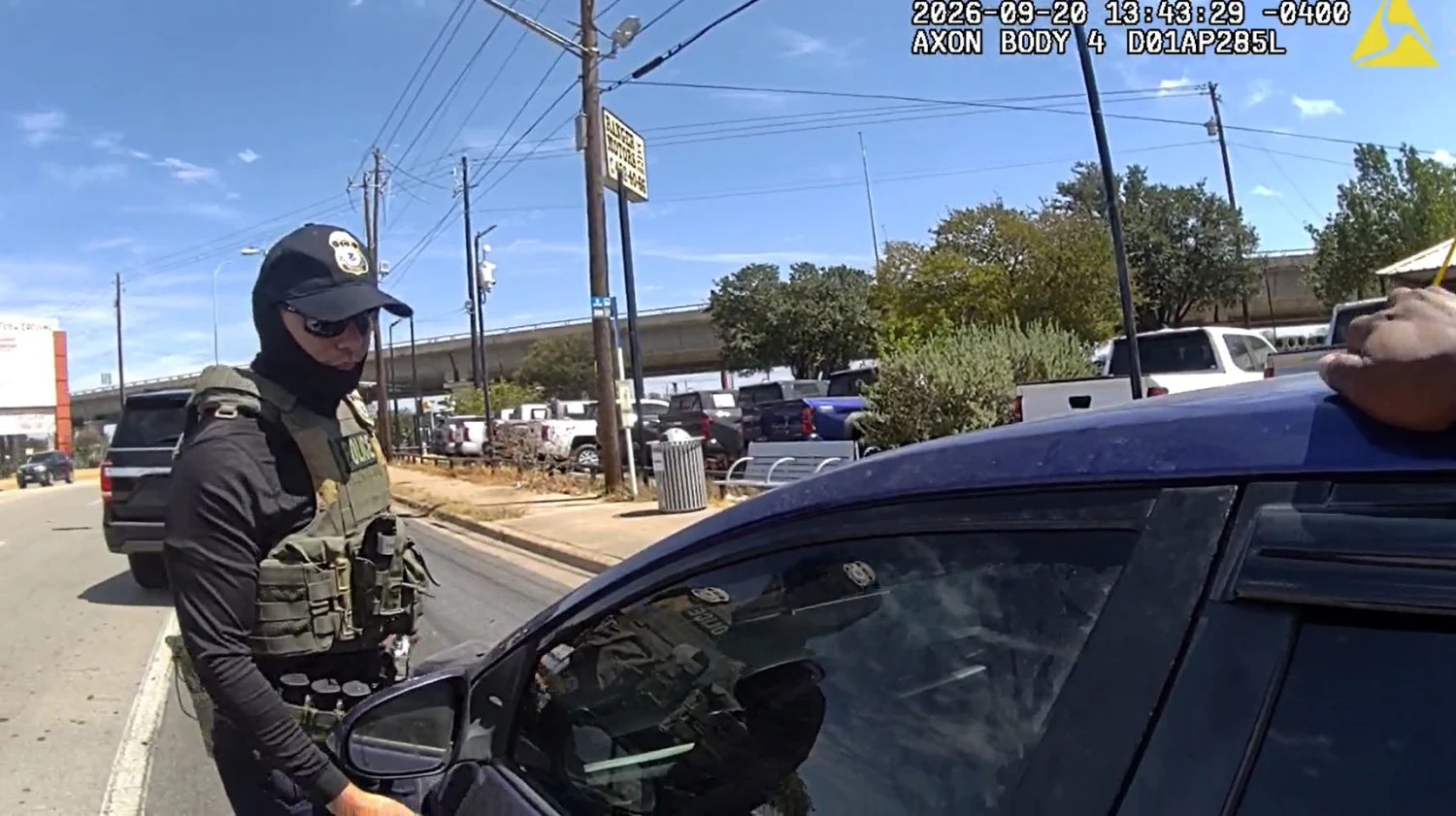 Body camera footage shows an ICE officer stopping Wilber Rafael Garces Perez on Sept. 20, 2026, in Austin, Texas.