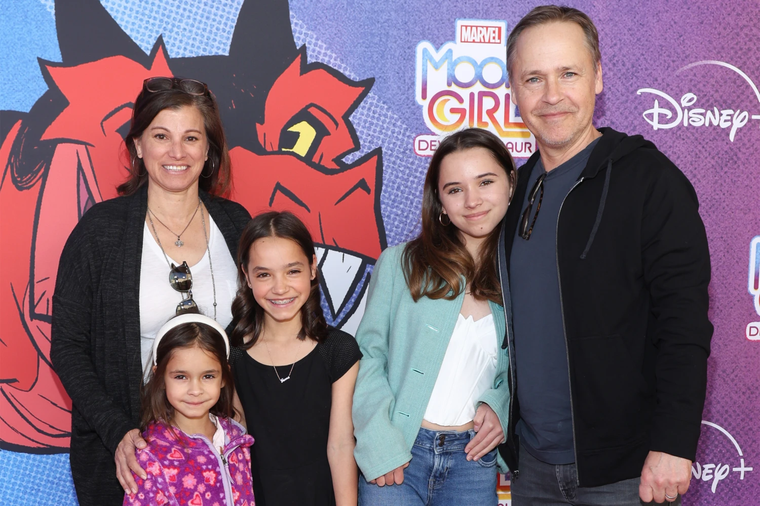 Chad Lowe (R), Kim Painter, Nixie Lowe, Fiona Lowe and Mabel Lowe attend the Red Carpet Premiere Event for Disney Branded Television's and Marvel's "Moon Girl And Devil Dinosaur" at Walt Disney Studios on February 04, 2023 in Burbank, California.