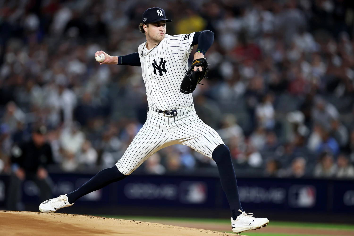 Cam Schlittler #31 of the New York Yankees throws a pitch against the Boston Red Sox during the first inning in game one of the American League Wild Card Series at Yankee Stadium on September 29, 2026 in the Bronx borough of New York City.