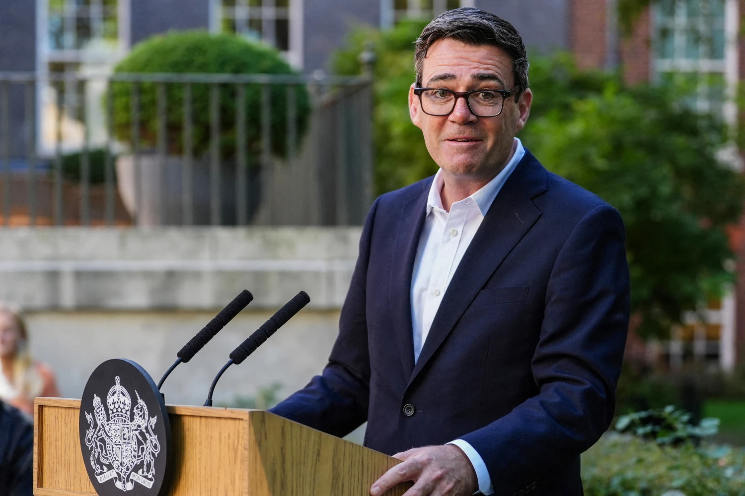 Britain's Prime Minister Andy Burnham gives a speech during a reception for first responders at Downing Street in central London on September 21, 2026, to recognise the extraordinary contribution of organisations and volunteers who supported communities across the UK this summer through the wildfires, the heatwaves and other emergencies.