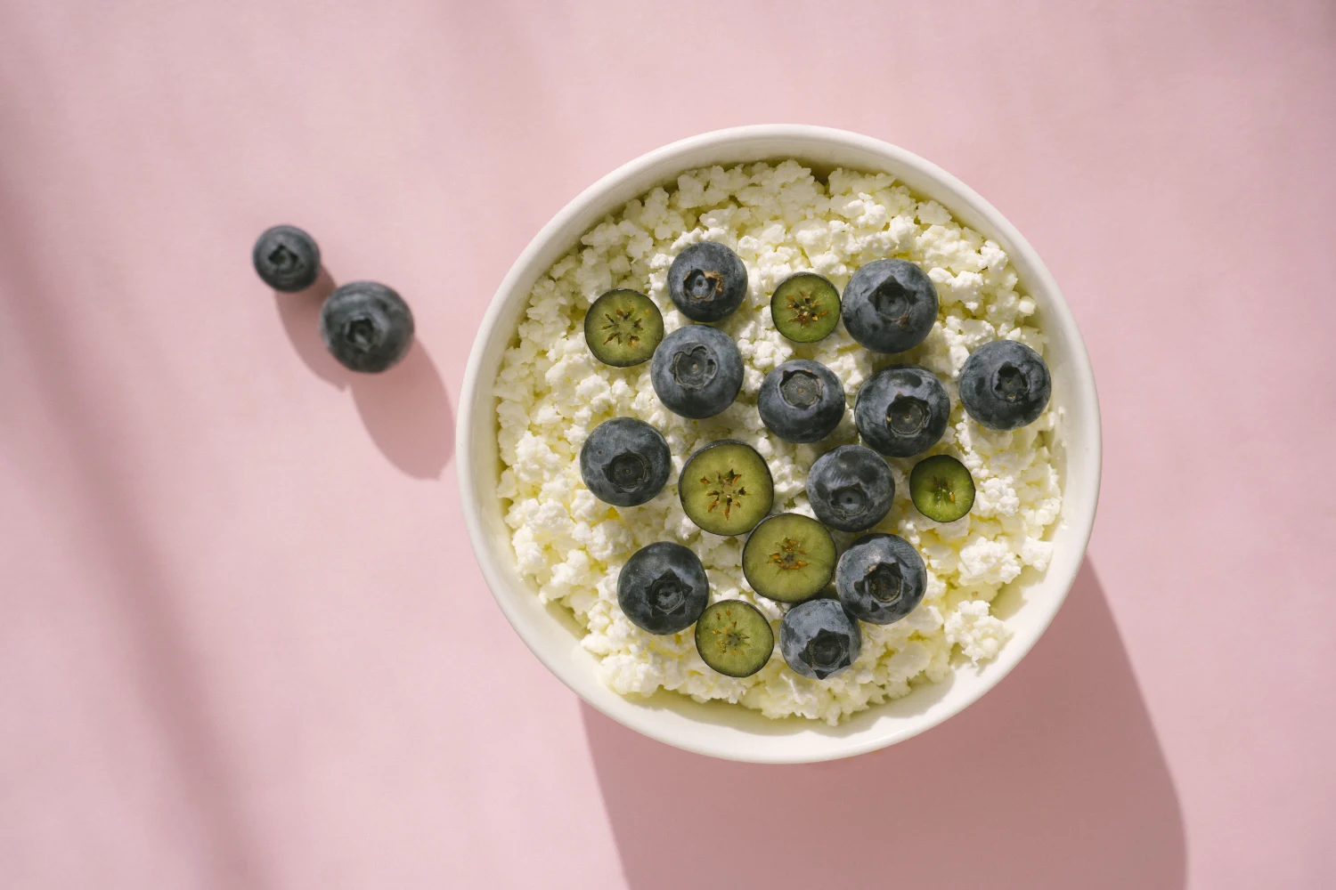 Cottage cheese with blueberry fruits on pink table in bright sunlight