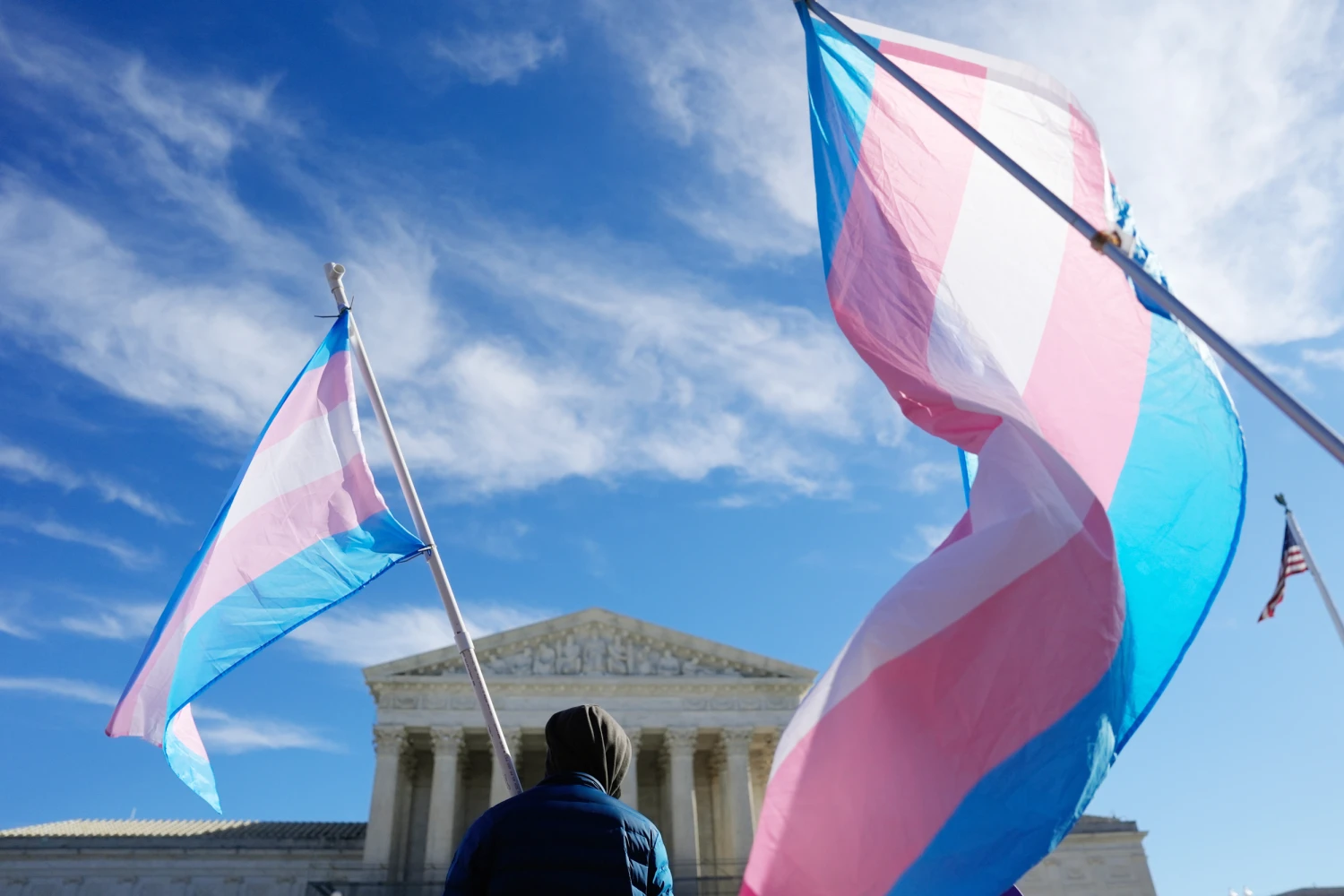 A protest outside the US Supreme Court in Washington, Jan. 13, 2026. At issue in the cases being argued Tuesday is whether states may categorically bar transgender girls from competing on girls' sports teams based on biological sex.
