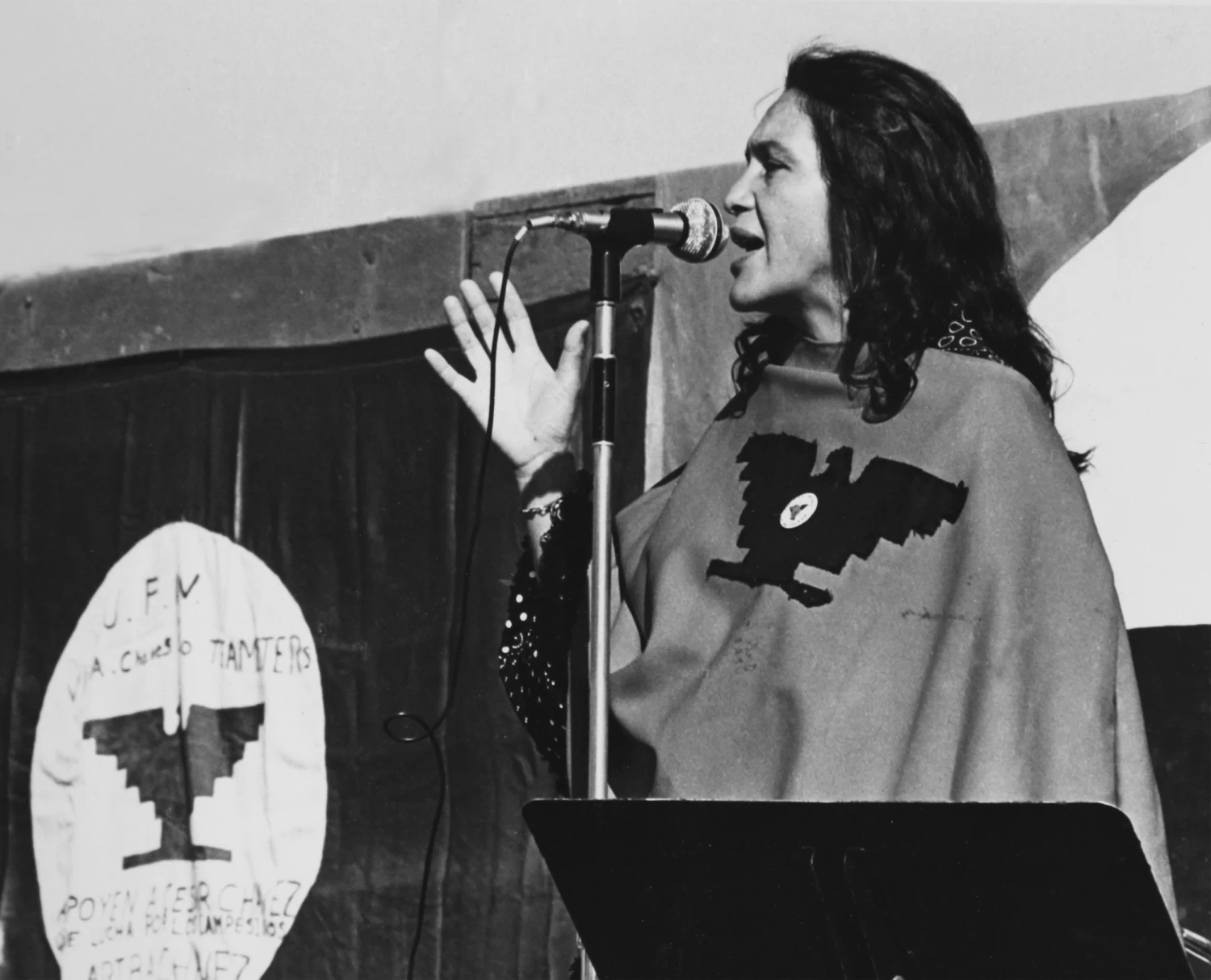 American labor activist and co-founder of the United Farm Workers of America (UFW) Dolores Huerta during a UFW rally in California in the mid-70s.