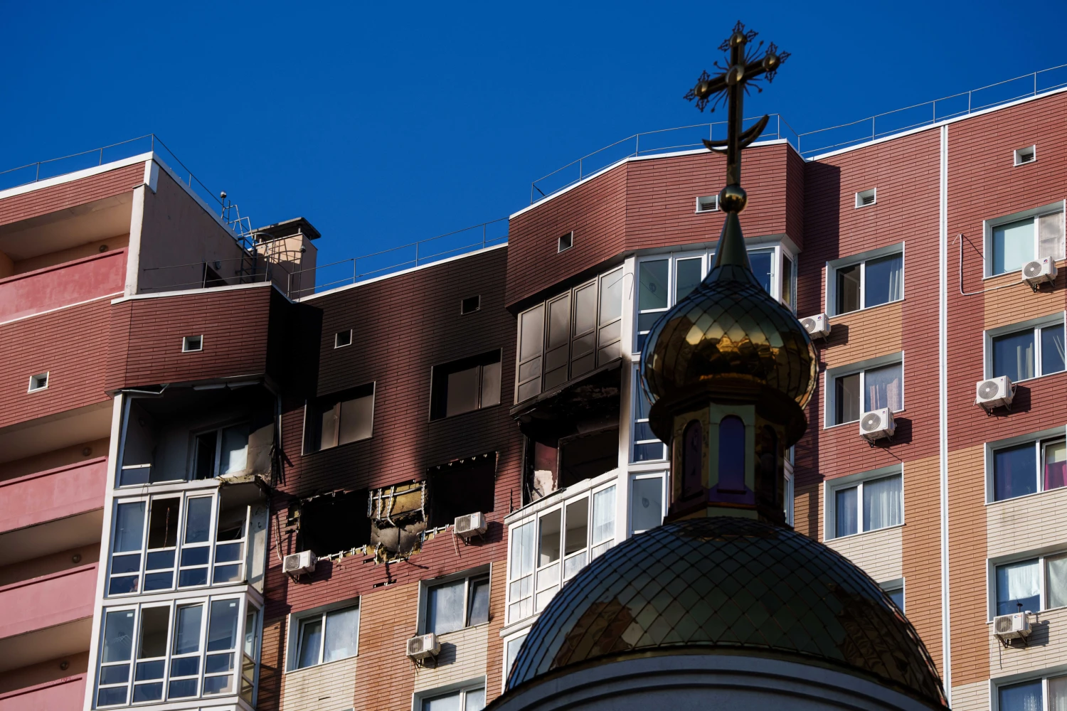 A residential building is seen damaged following a Russian drone strike, in Kyiv, Ukraine on Oct. 2, 2026.