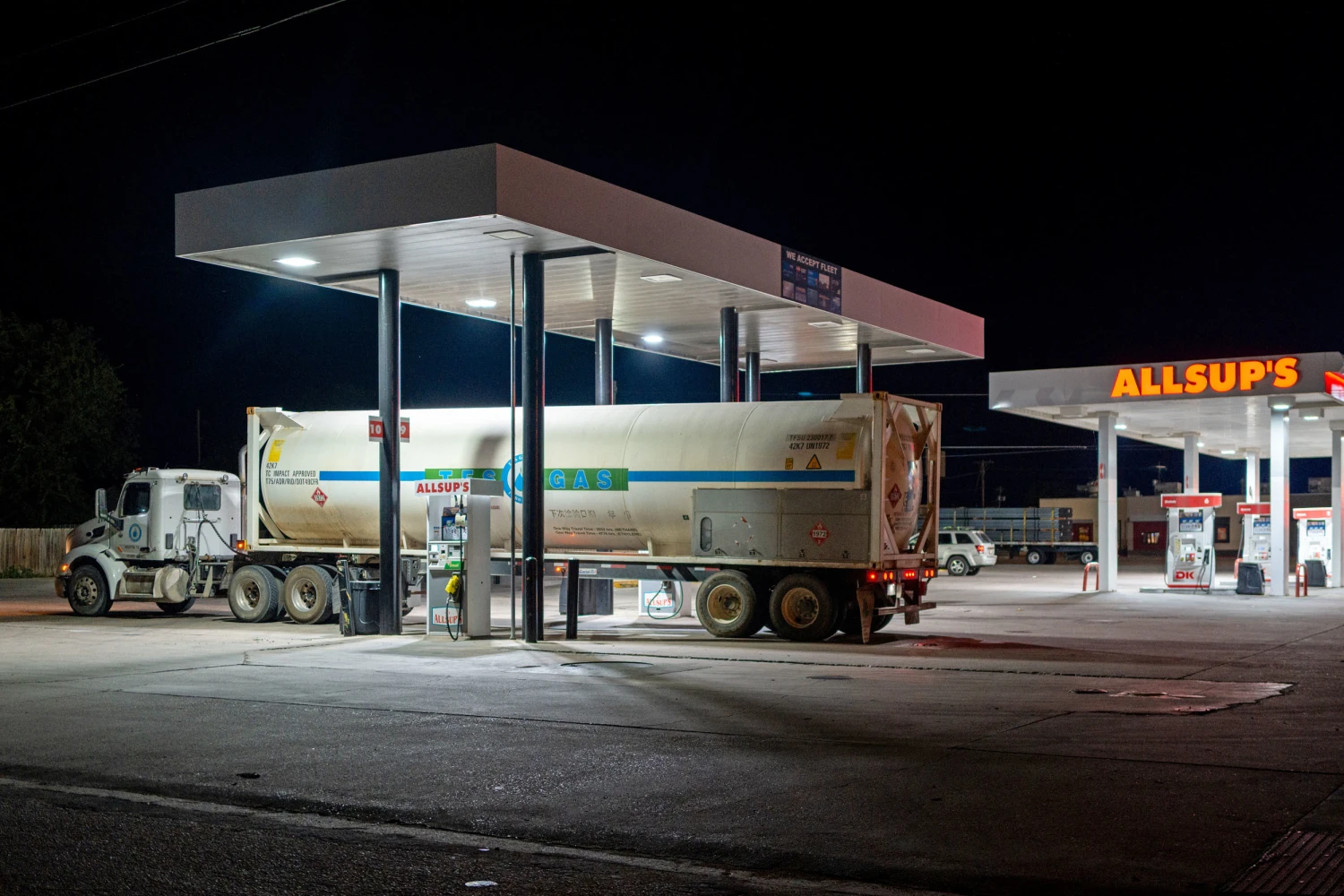 A semi-truck refuels at a Allsup's gas station on Aug. 13, 2026 in Eden, Texas.