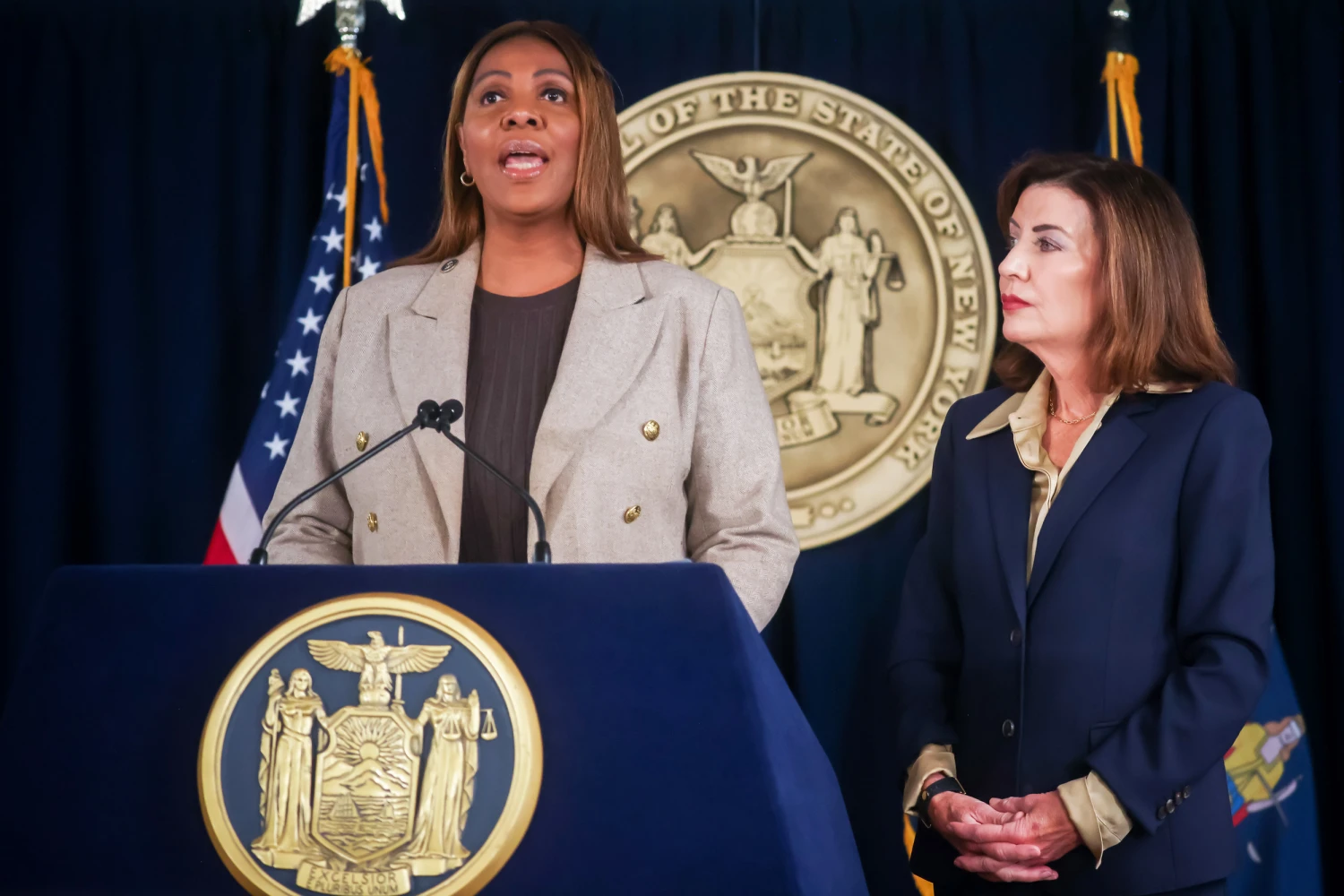 Letitia James and Kathy Hochul at a news conference in New York on Friday, Oct. 2, 2026.