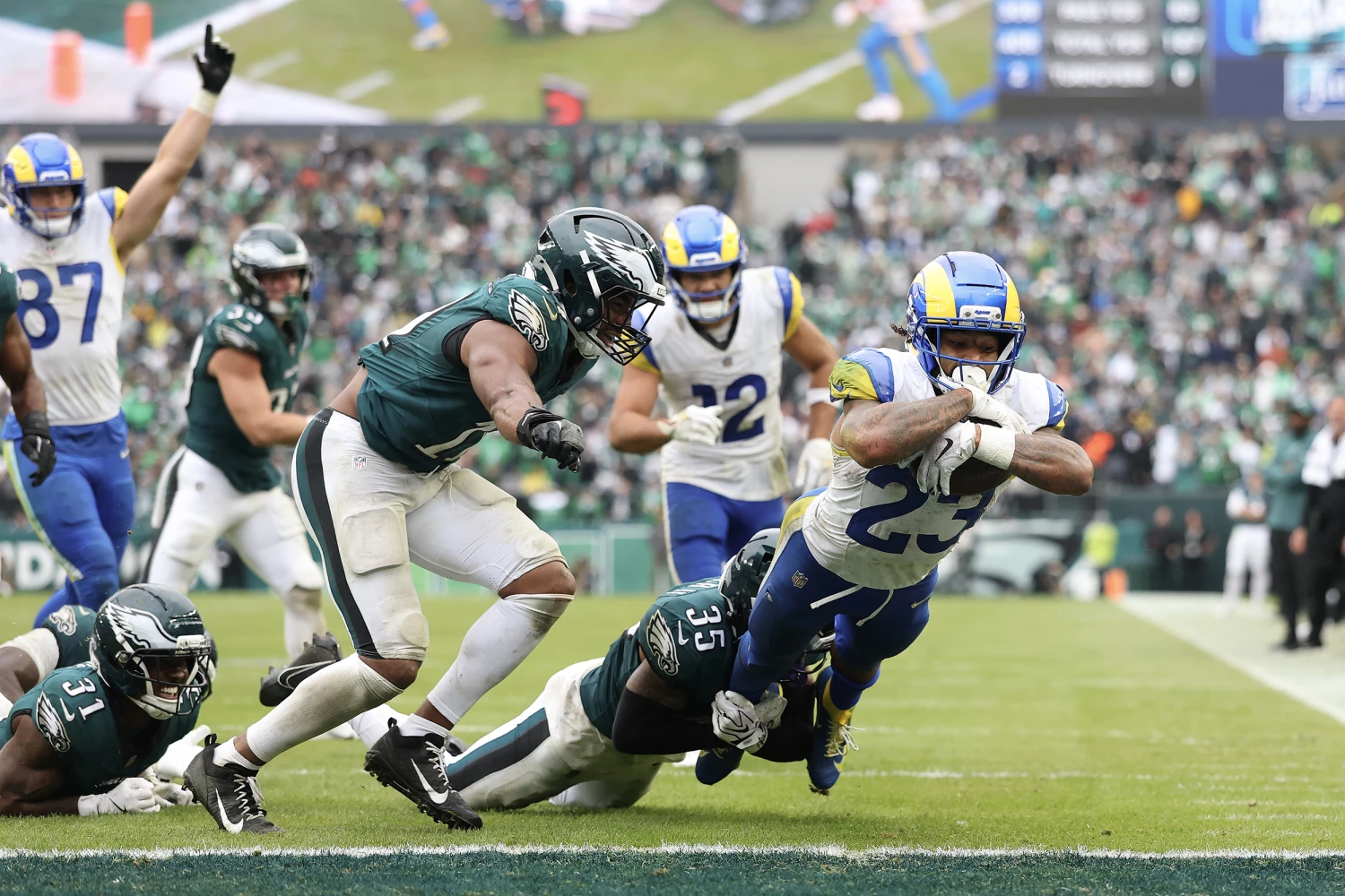 Kyren Williams of the Los Angeles Rams dives into the end zone for a touchdown during the fourth quarter of the game against the Philadelphia Eagles at Lincoln Financial Field in Philadelphia, on Oct. 4, 2026.