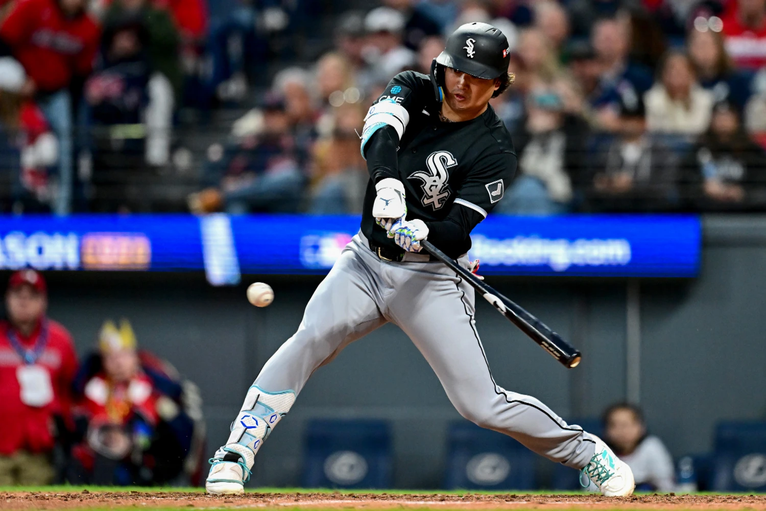 Munetaka Murakami #5 of the Chicago White Sox grounds out during the sixth inning against the Cleveland Guardians in game two of the American League Division Series at Progressive Field on Oct., 05, 2026 in Cleveland, Ohio.