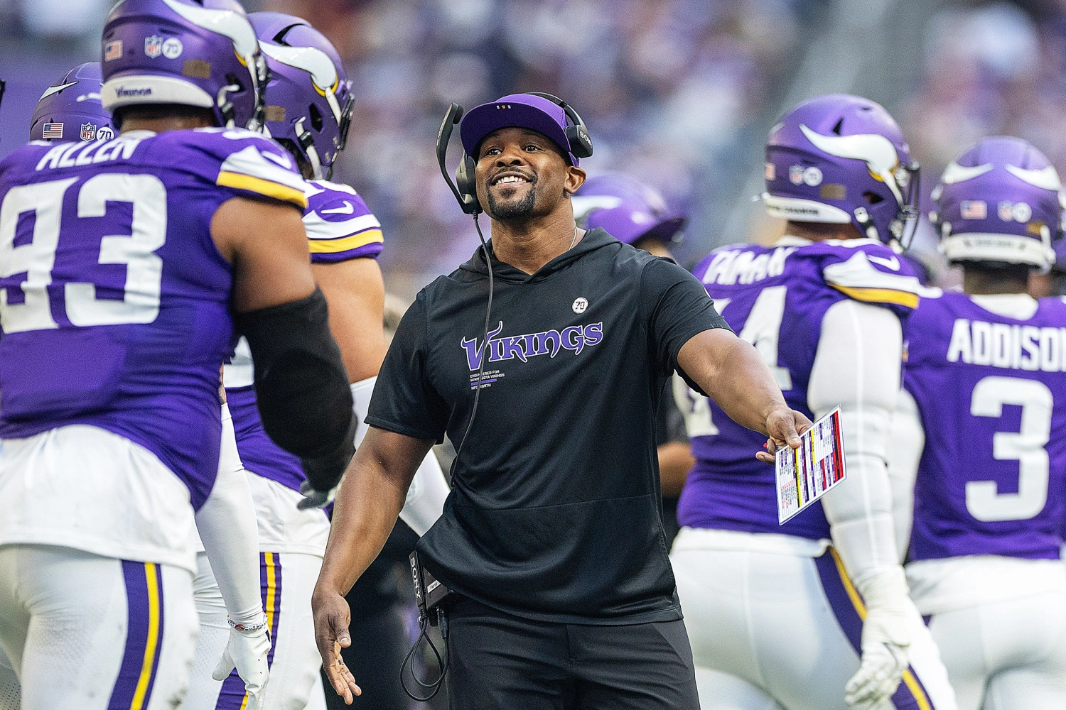 Vikings Defensive Coordinator Brian Flores as the Minnesota Vikings take on the Washington Commanders at U.S. Bank Stadium in Minneapolis on December 7, 2025.