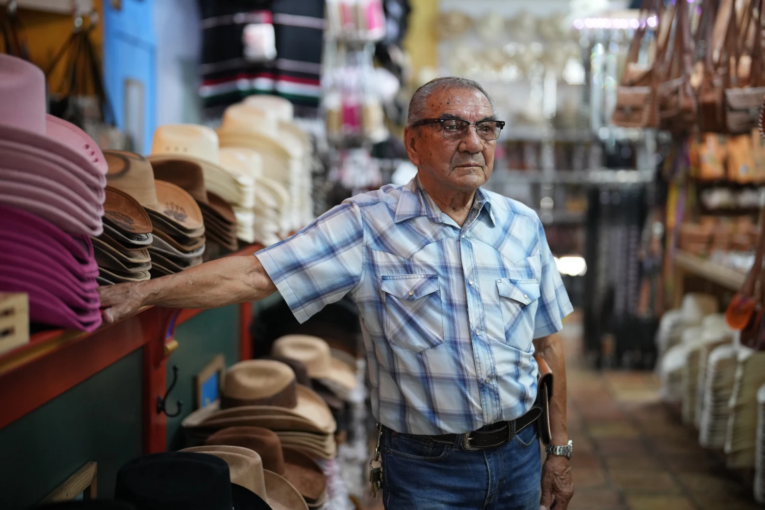 Arturo Flores, owner of Monterey Hats in his shop in San Antonio, Texas.