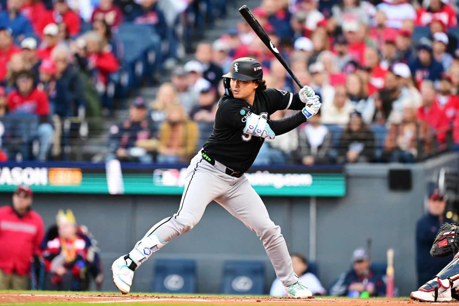Munetaka Murakami of the Chicago White Sox at bat in the against the Cleveland Guardians in game two of the American League Division Series at Progressive Field on October 05, 2026, in Cleveland.