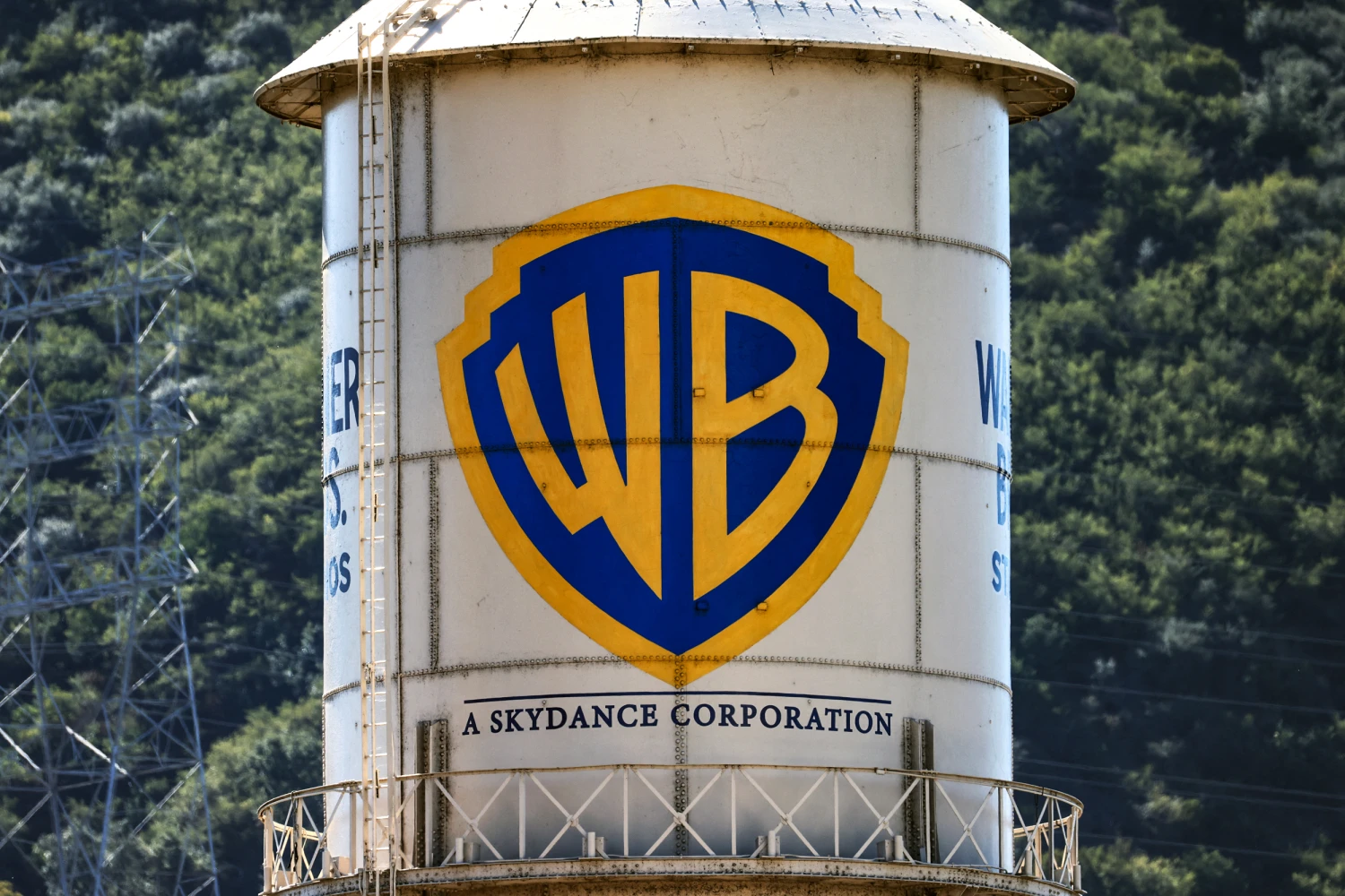 The Warner Bros. Water Tower with Skydance added underneath following the merger between Paramount and Warner Bros. in Burbank, Calif., on Oct. 6, 2026.