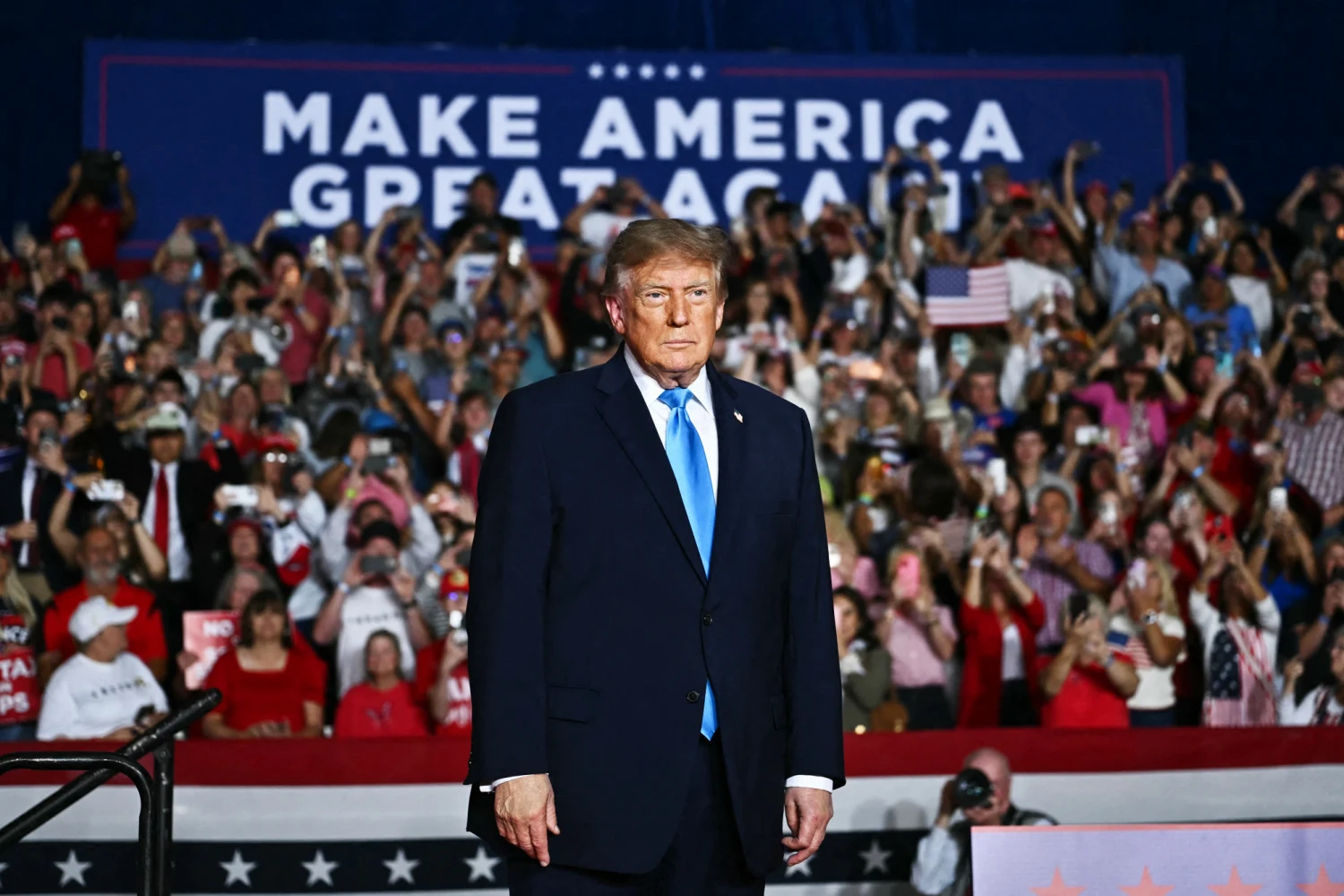 President Donald Trump at a campaign rally at Pinnacle Bank Expo Center in Grand Island, Nebraska, on October 5, 2026.