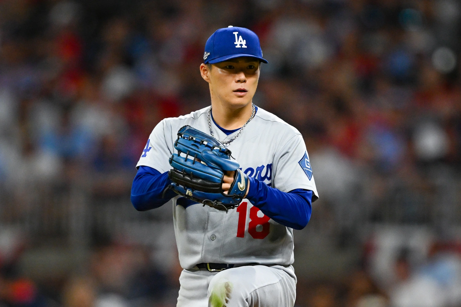 Los Angeles pitcher Yoshinobu Yamamoto (18) pitches during the NLDS game 3 between the Los Angeles Dodgers and the Atlanta Braves on October 6th, 2026 at Truist Park in Atlanta, Ga.