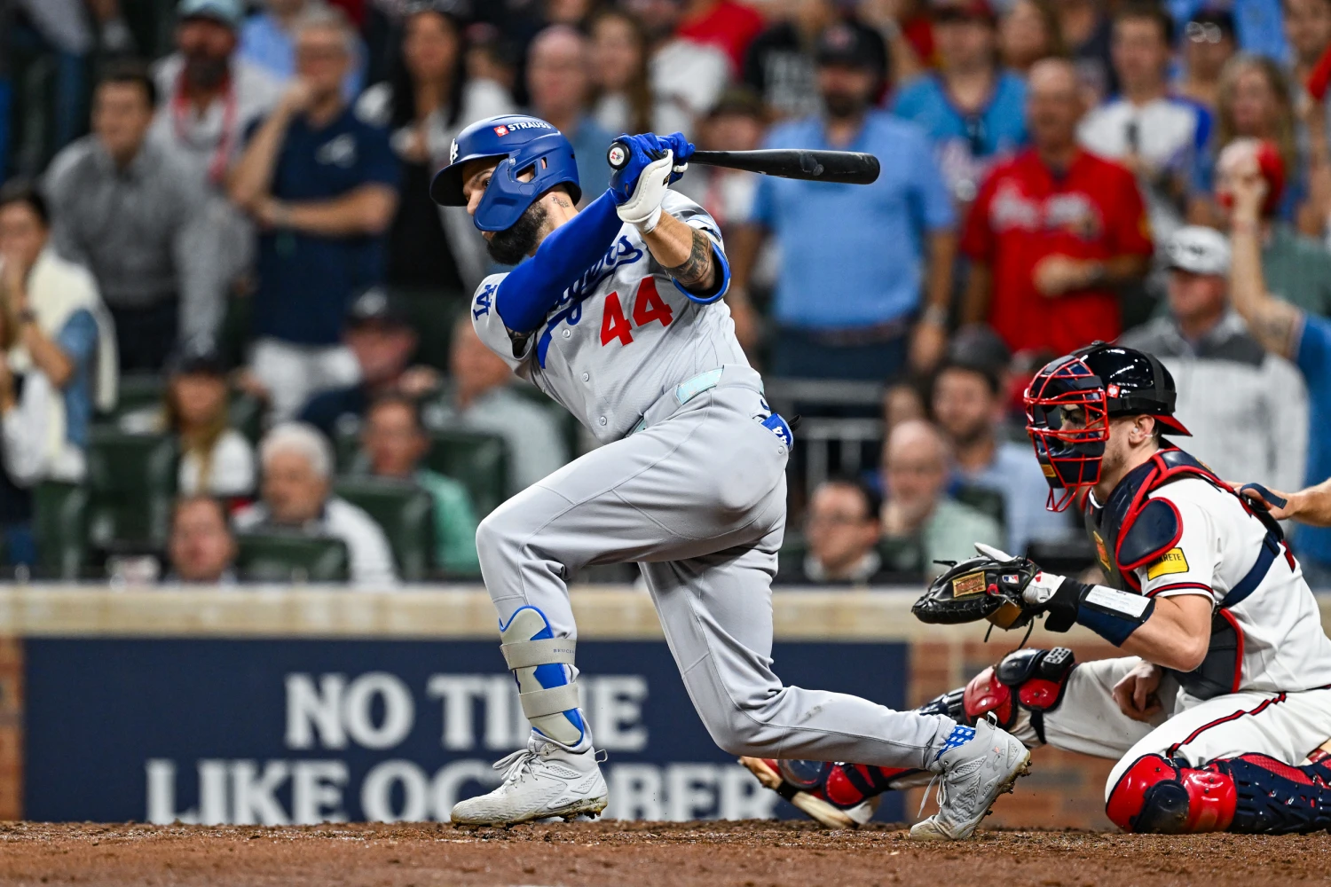 Los Angeles center fielder Andy Pages (44) hits a two-run single during the NLDS game 4 between the Los Angeles Dodgers and the Atlanta Braves on October 7th, 2026 at Truist Park in Atlanta, Ga.