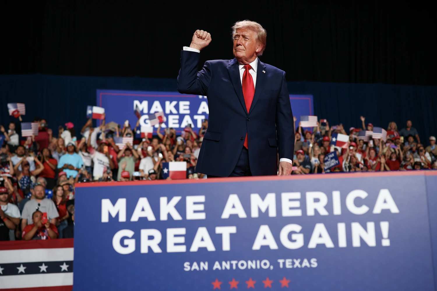 President Donald Trump walks out on stage to speak during a campaign rally at the Freeman Coliseum on October 07, 2026 in San Antonio, Texas.