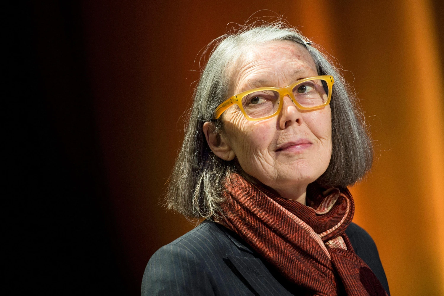 Canadian poet Anne Carson performs her work Antigonick at the Moderna Museet art gallery in Stockholm, Sweden, on May 8, 2015.
