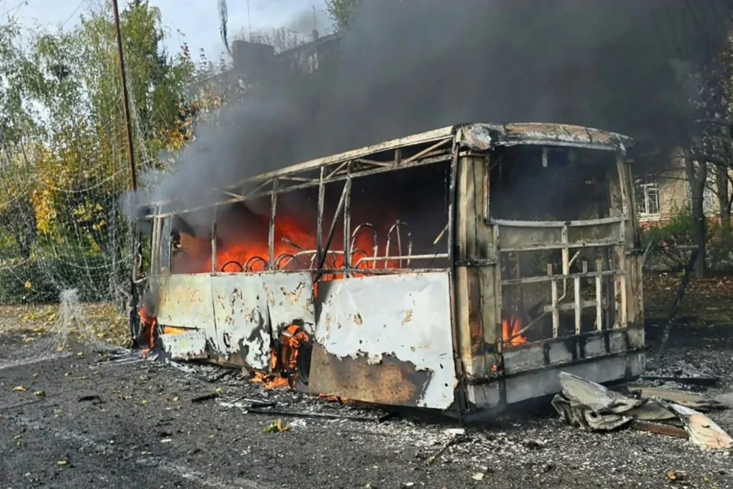 Images shared by Ukrainian police on Oct. 8, 2026 show a burning bus following a reported Russian strike in Kramatorsk, eastern Ukraine.