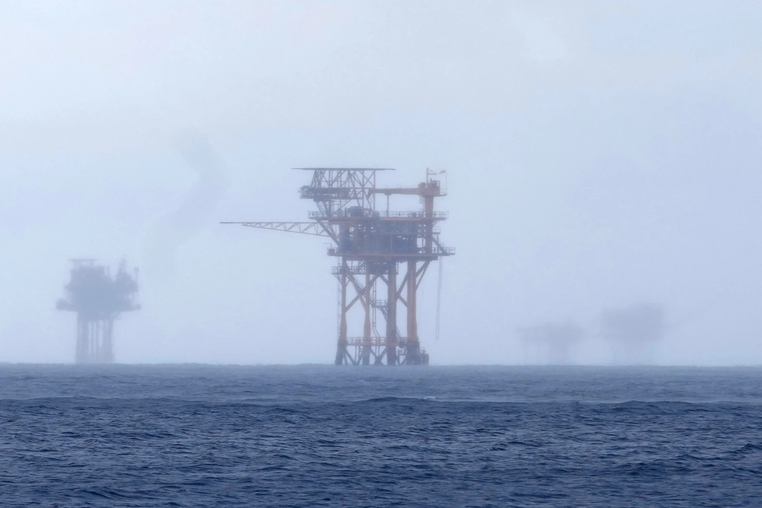 Oil platforms in the Gulf of Mexico, off the coast of Galveston, Texas, in 2023.